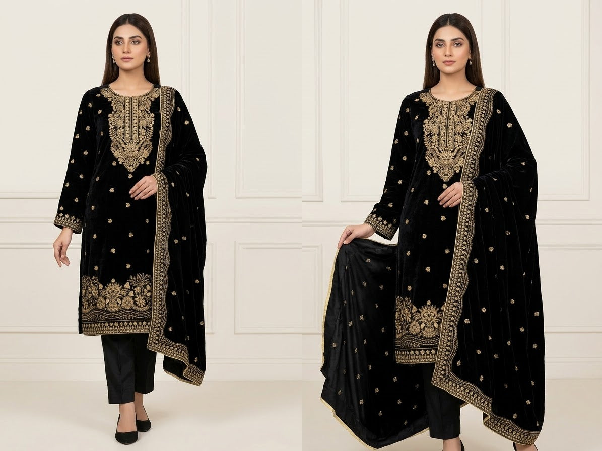 Velvet Sequins & Thread Work Unstitched Dress with Shawl Four-Side Border Ready Dupatta — 6 Colors