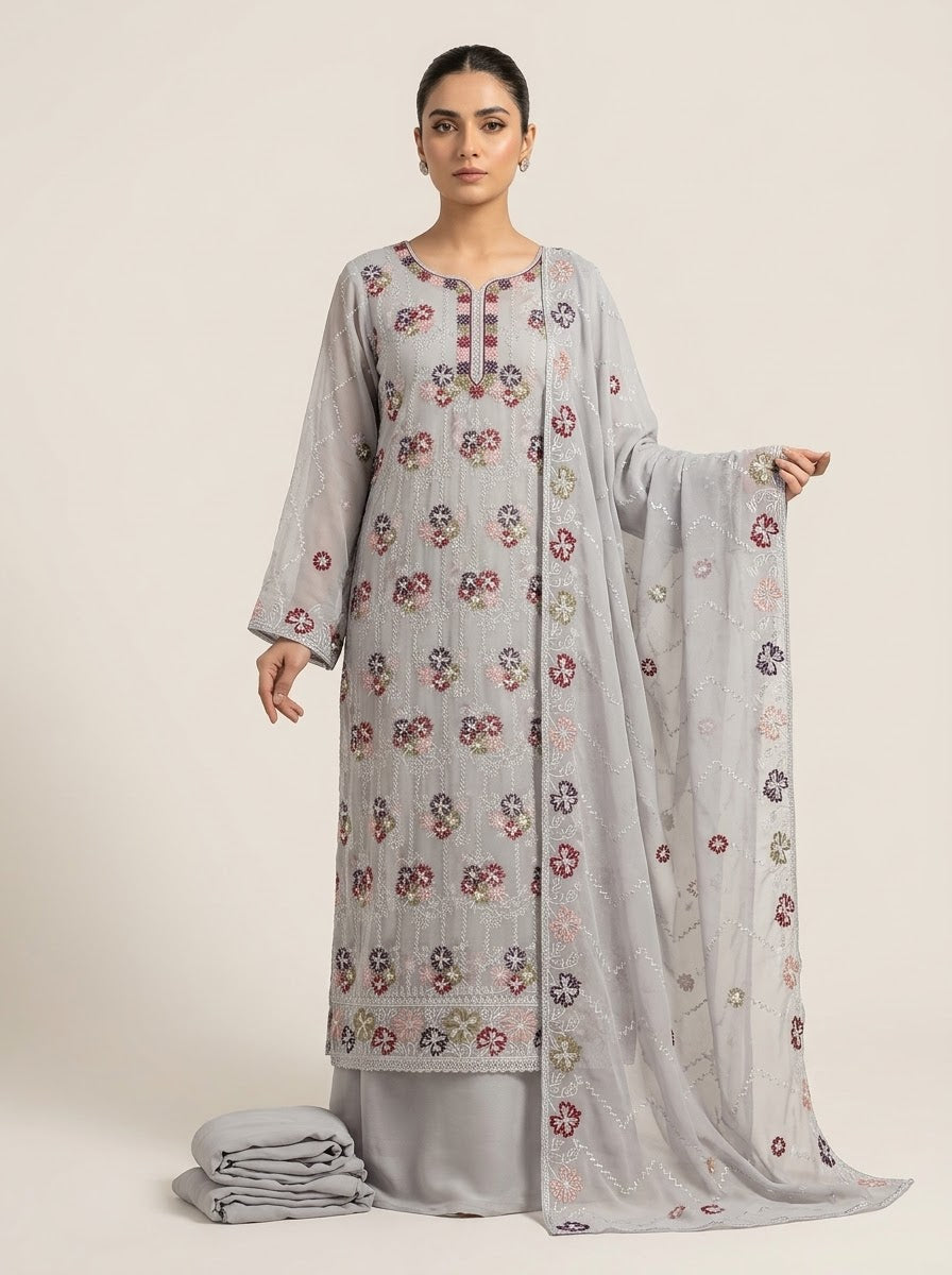Soft Chiffon Threads Work Unstitched Dress | 8 Colors Available