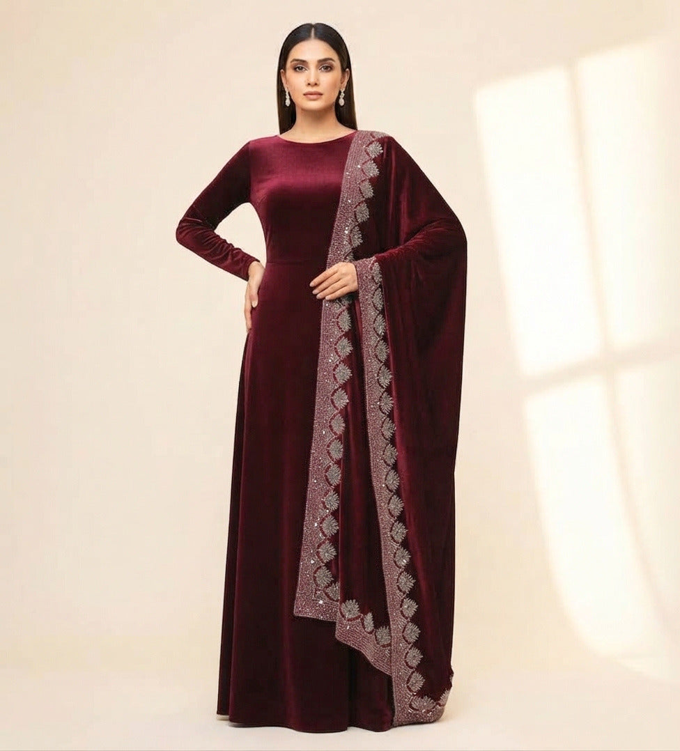 Winter Velvet Edit with Four-Side Embroidered Shawl Dupatta Winter Suits in 5  Colors
