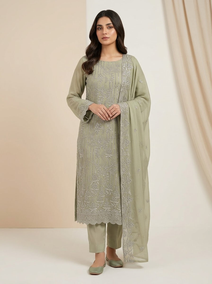 Bamber Soft Chiffon Heavy Thread Work Unstitched Suit | 4-Piece | 4 Colors