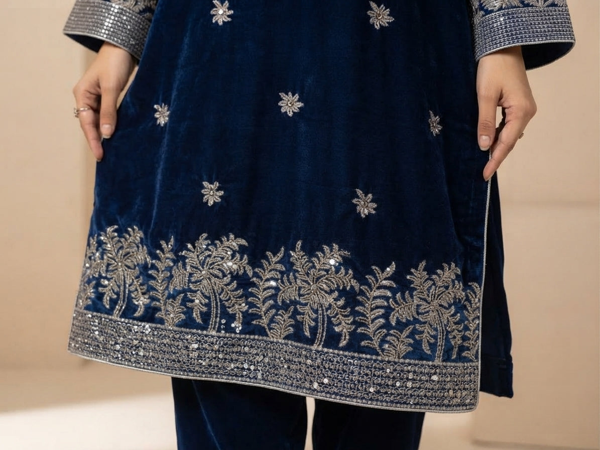 Winter Wear Original Velvet 3 Piece With Ready For Side Shawl Dupatta
