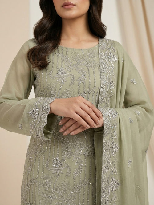Bamber Soft Chiffon Heavy Thread Work Unstitched Suit | 4-Piece | 4 Colors