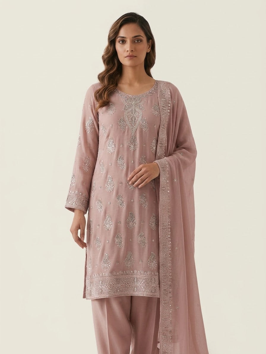 Soft Chiffon Heavy Thread Work Unstitched Embroidered Suit