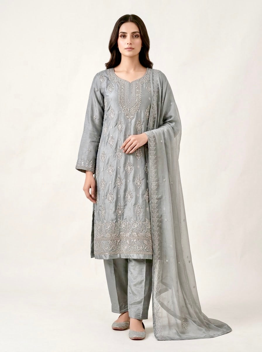 Festive 3 Piece Unstitch Dress Viscose Silk Fabric Heavy Threads Work 8 Colors