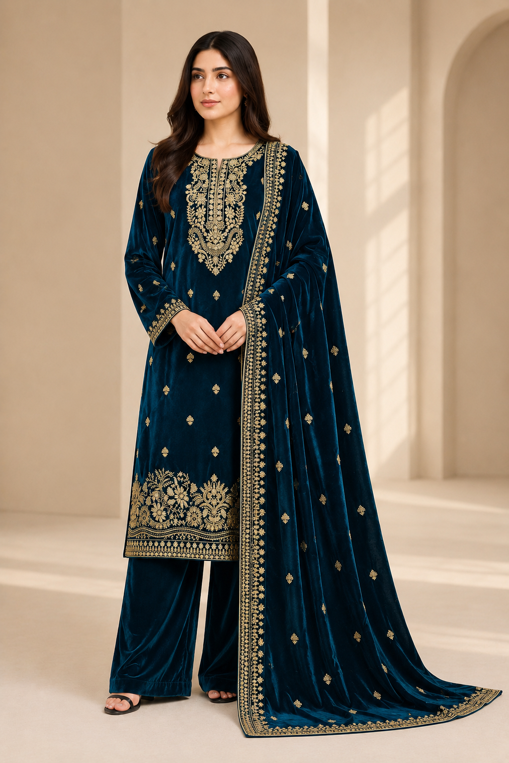 Velvet Sequins & Thread Work Unstitched Dress with Shawl Four-Side Border Ready Dupatta — 6 Colors