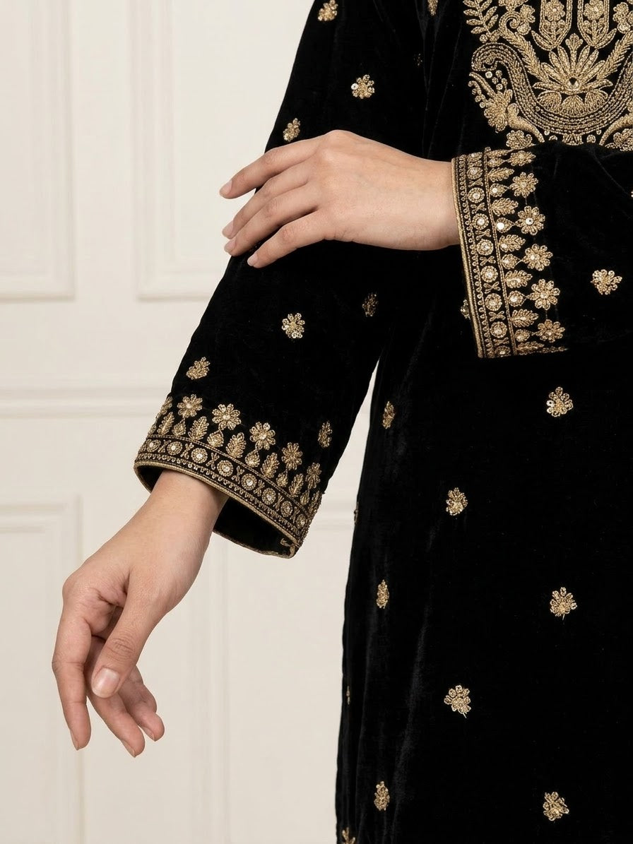 Velvet Sequins & Thread Work Unstitched Dress with Shawl Four-Side Border Ready Dupatta — 6 Colors