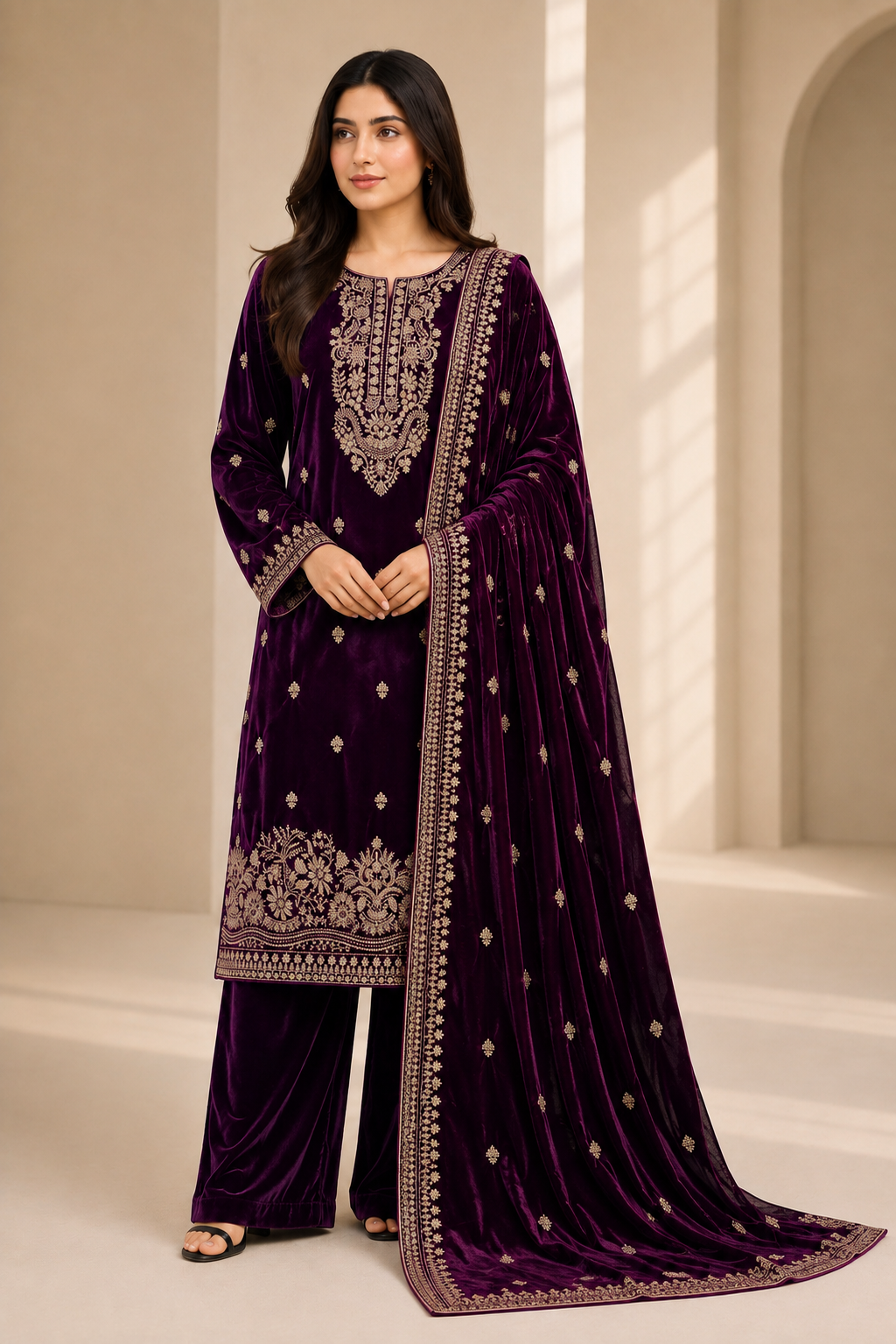 Velvet Sequins & Thread Work Unstitched Dress with Shawl Four-Side Border Ready Dupatta — 6 Colors
