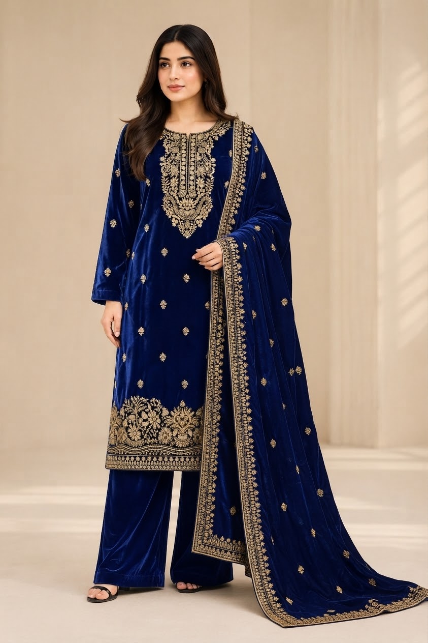 Velvet Sequins & Thread Work Unstitched Dress with Shawl Four-Side Border Ready Dupatta — 6 Colors