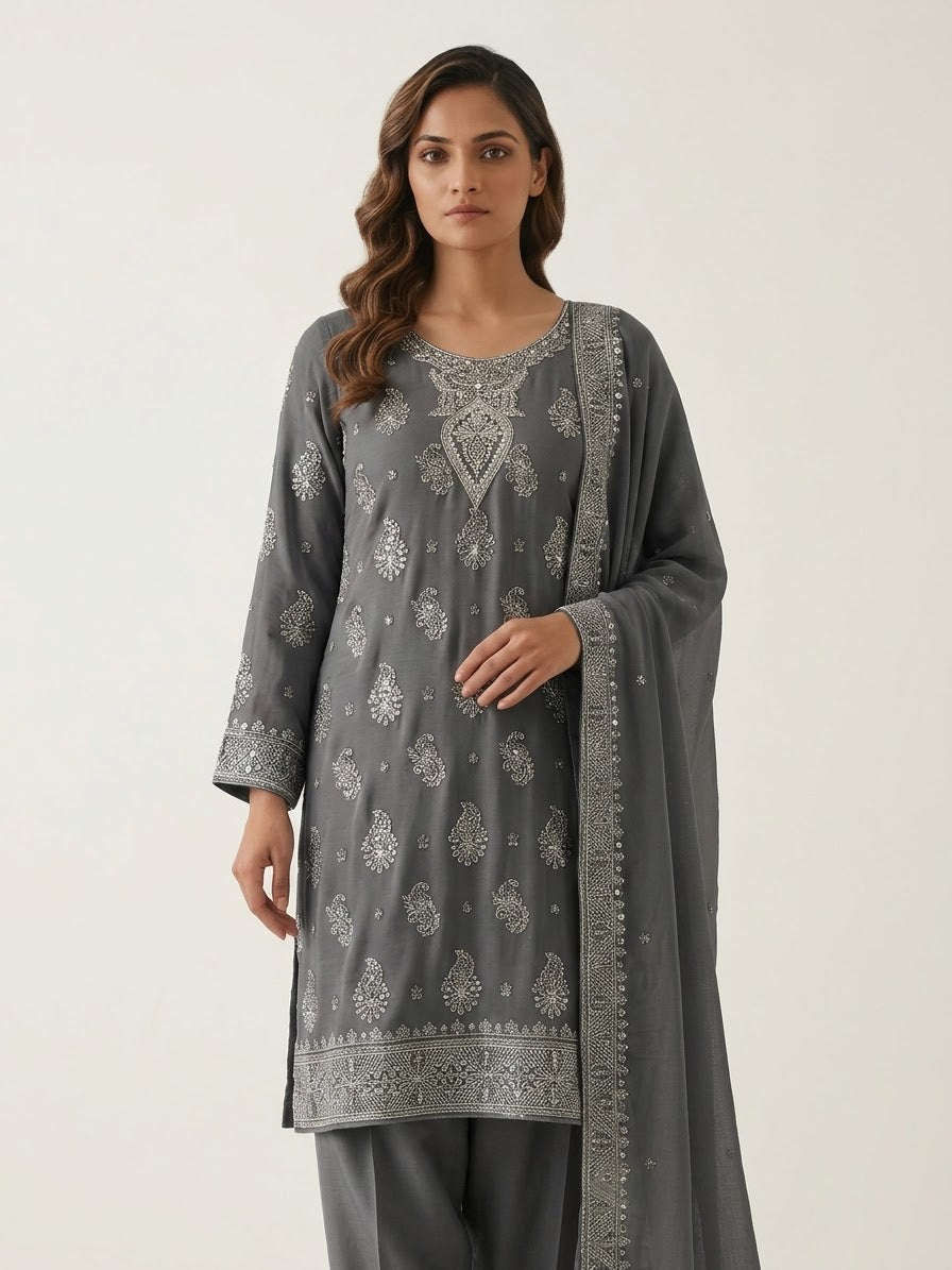 Soft Chiffon Heavy Thread Work Unstitched Embroidered Suit