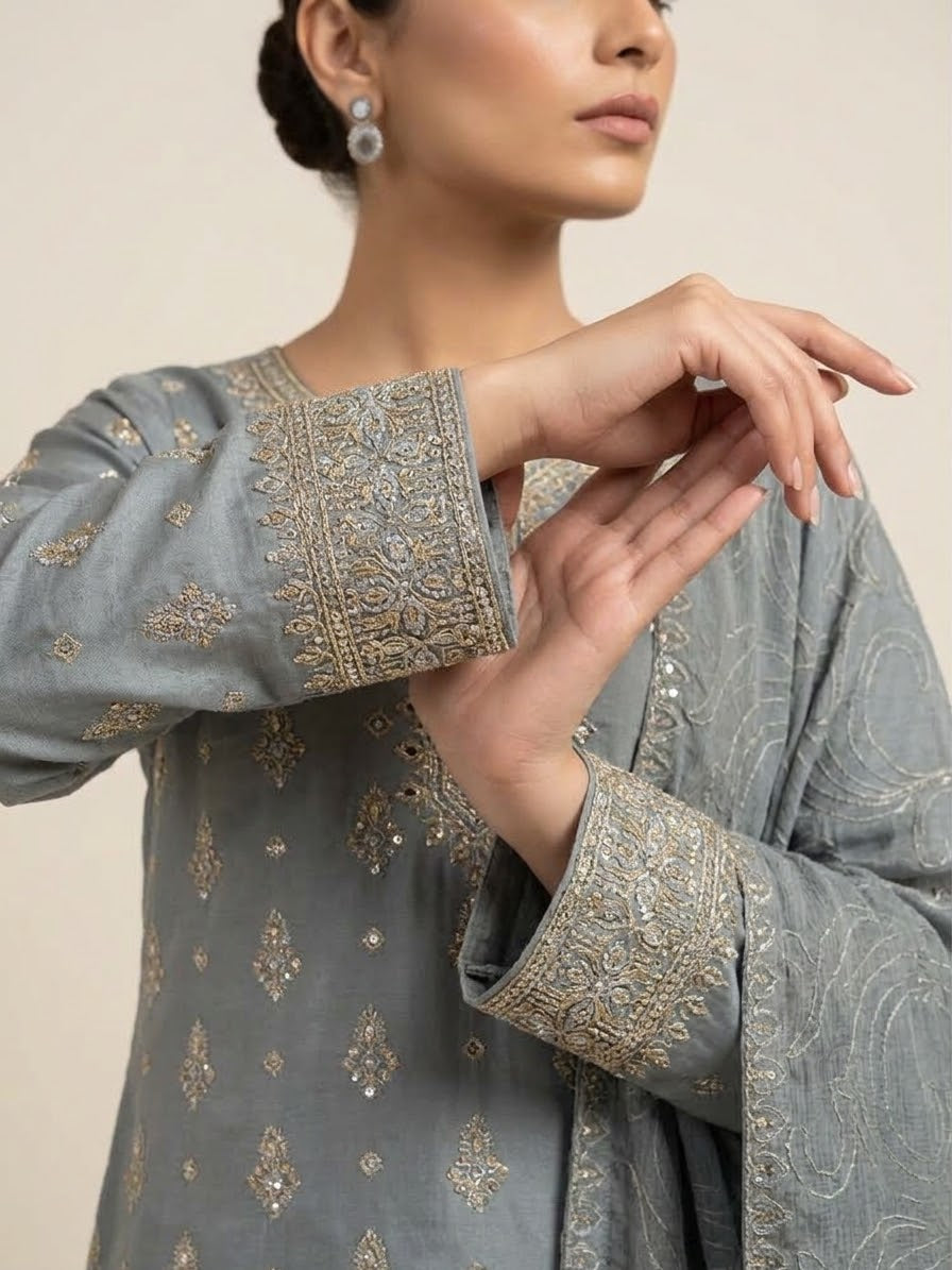 Winter Silk Embroidered Suit with Heavy Threadwork