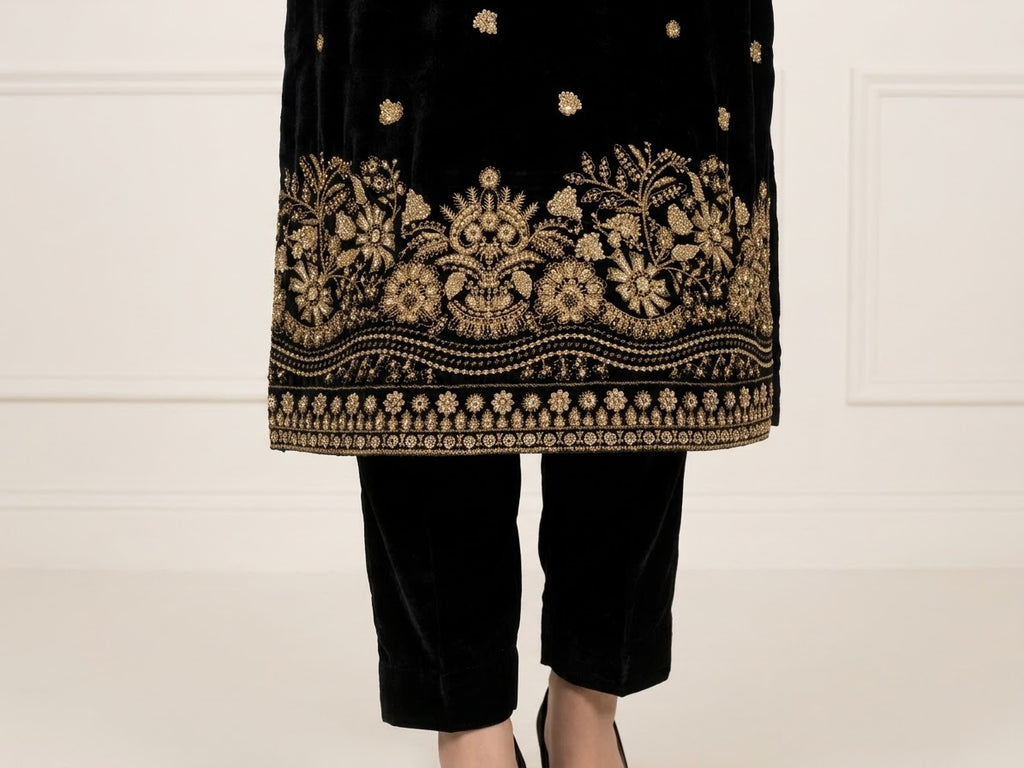 Velvet Sequins & Thread Work Unstitched Dress with Shawl Four-Side Border Ready Dupatta — 6 Colors