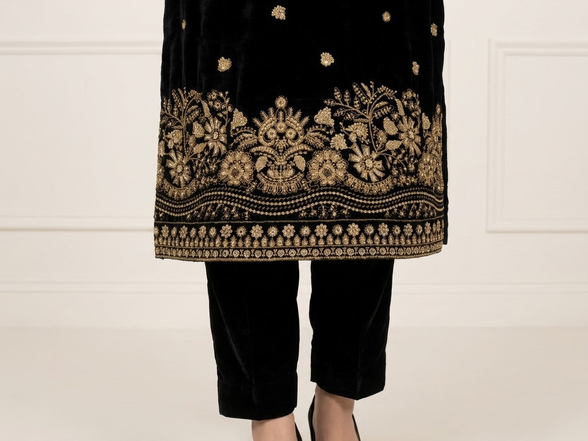 Velvet Sequins & Thread Work Unstitched Dress with Shawl Four-Side Border Ready Dupatta — 6 Colors
