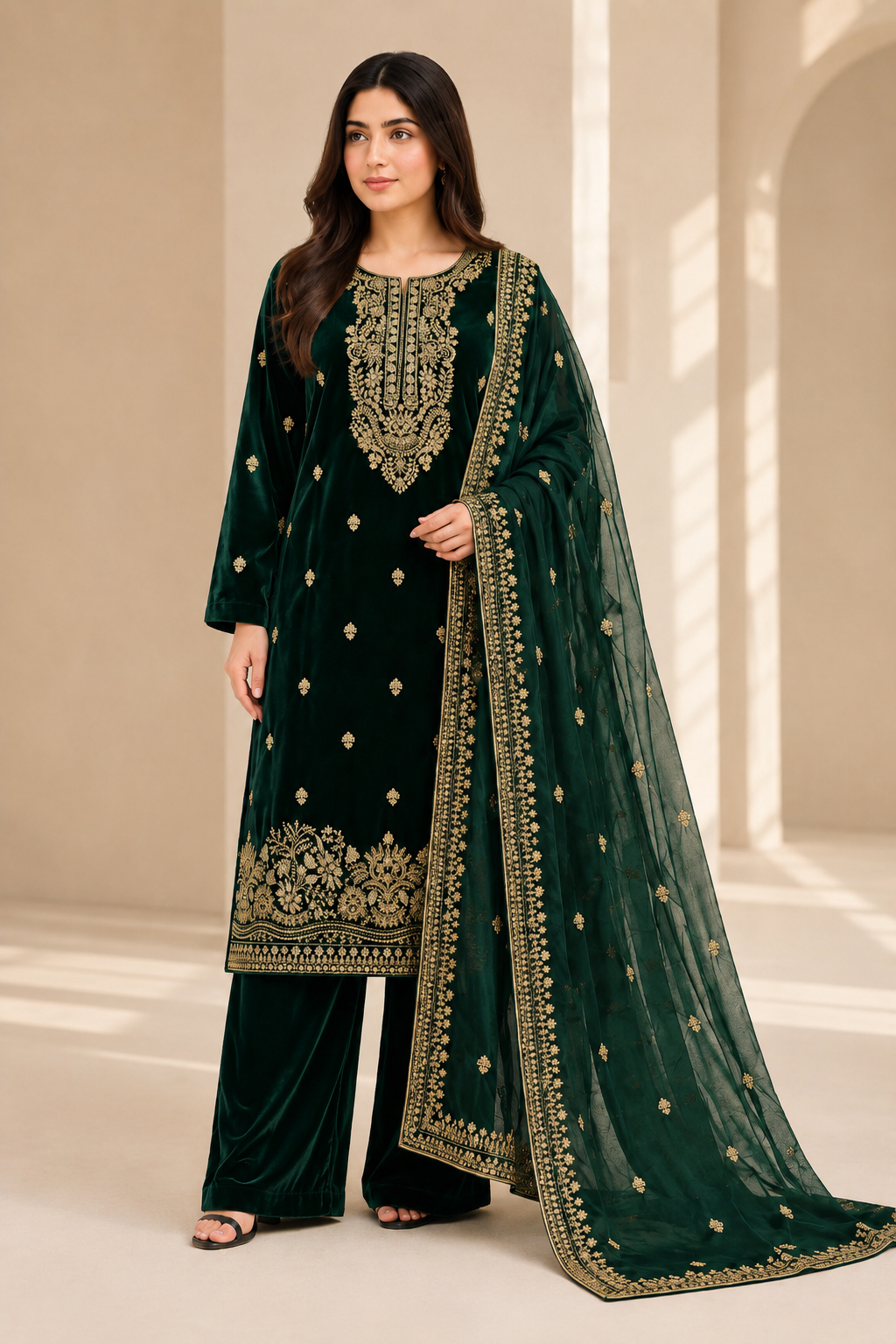 Velvet Sequins & Thread Work Unstitched Dress with Shawl Four-Side Border Ready Dupatta — 6 Colors