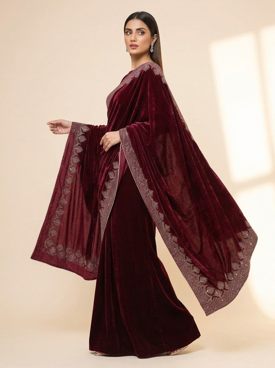 Winter Velvet Edit with Four-Side Embroidered Shawl Dupatta Winter Suits in 5  Colors