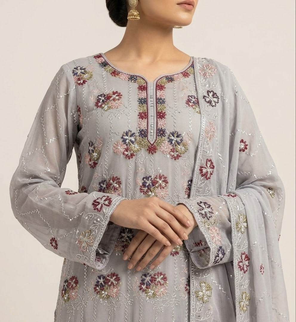 Soft Chiffon Threads Work Unstitched Dress | 8 Colors Available