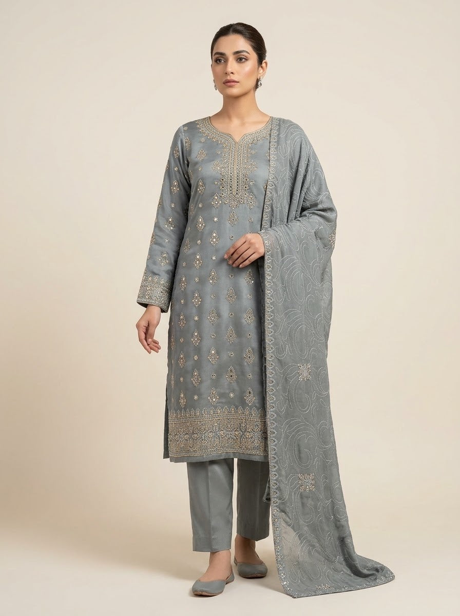 Winter Silk Embroidered Suit with Heavy Threadwork