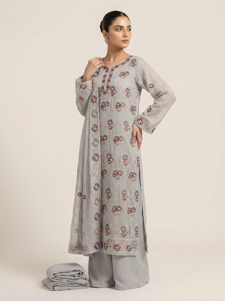 Soft Chiffon Threads Work Unstitched Dress | 8 Colors Available