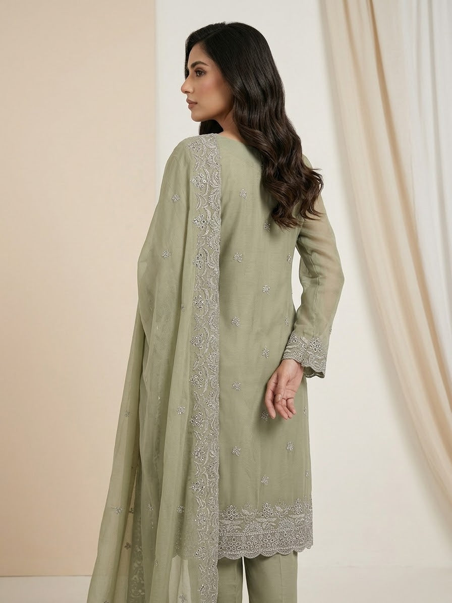Bamber Soft Chiffon Heavy Thread Work Unstitched Suit | 4-Piece | 4 Colors