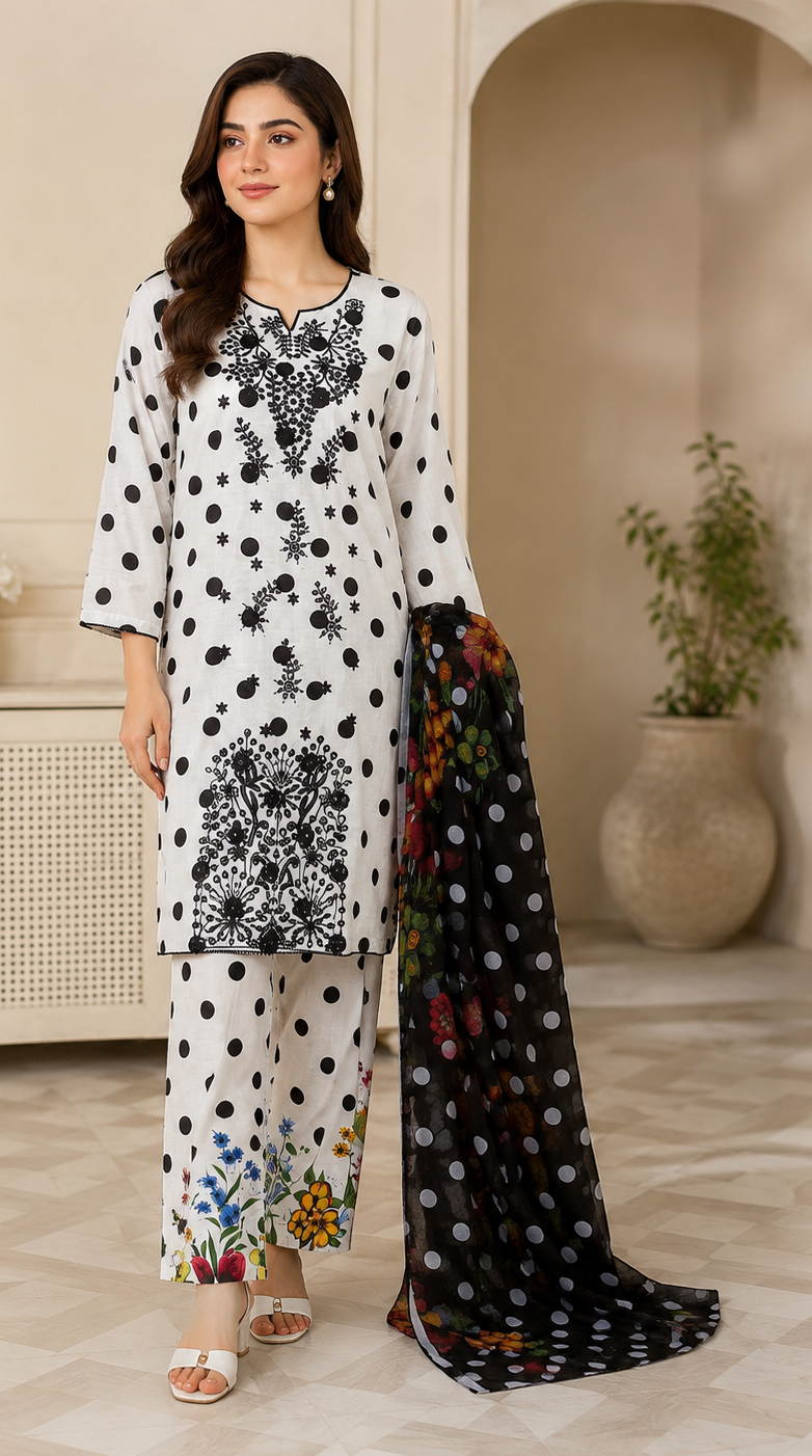 Black & White Polka Dot Lawn Unstitched Suit