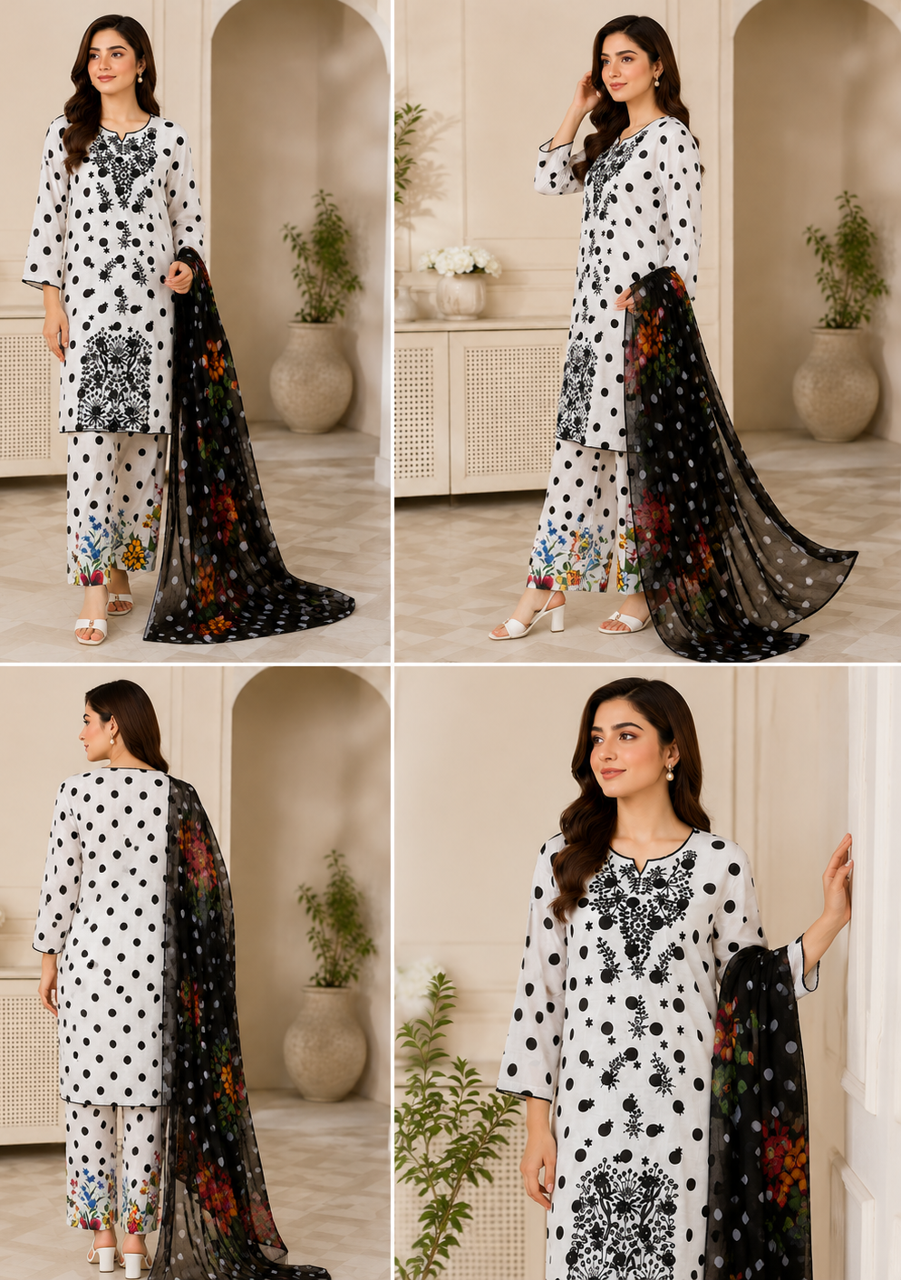 Black & White Polka Dot Lawn Unstitched Suit