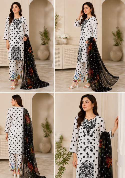 Black & White Polka Dot Lawn Unstitched Suit