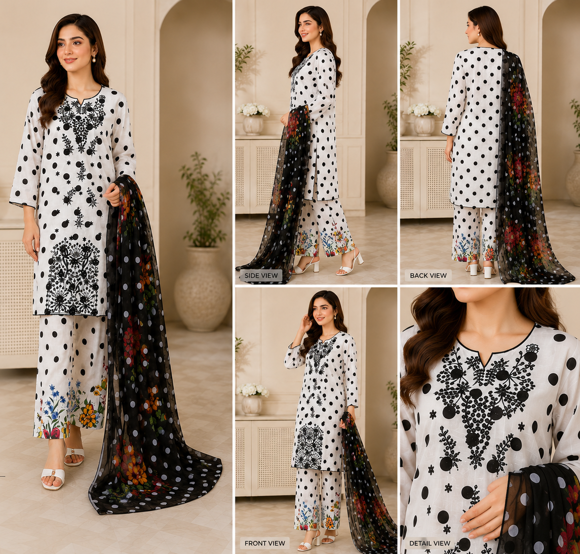 Black & White Polka Dot Lawn Unstitched Suit