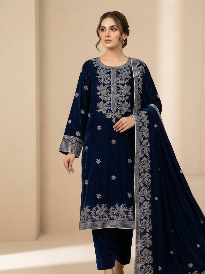 Winter Wear Original Velvet 3 Piece With Ready For Side Shawl Dupatta