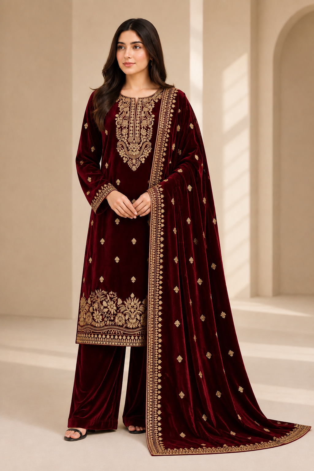 Velvet Sequins & Thread Work Unstitched Dress with Shawl Four-Side Border Ready Dupatta — 6 Colors