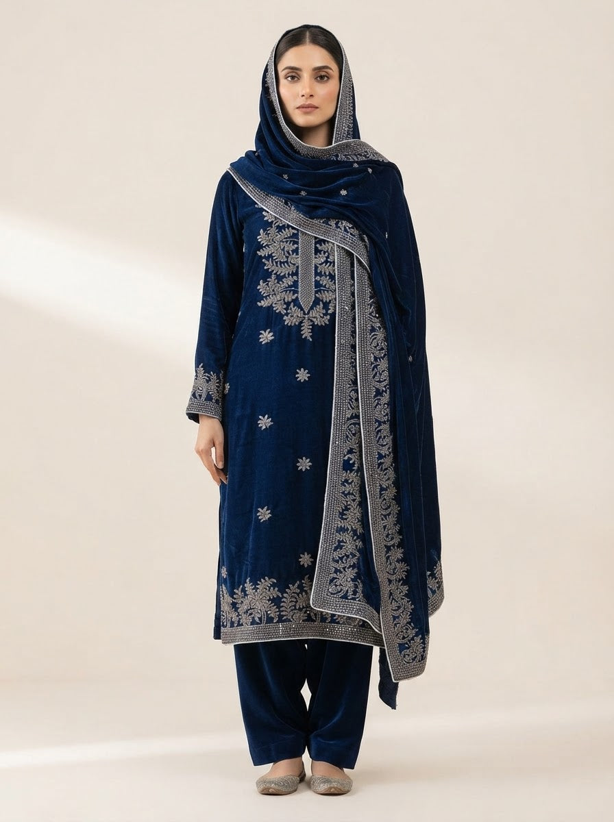 Winter Wear Original Velvet 3 Piece With Ready For Side Shawl Dupatta