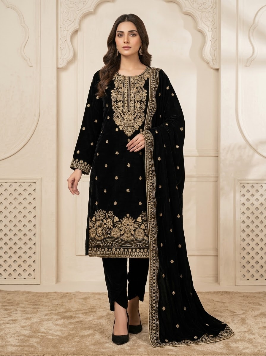 Velvet Sequins & Thread Work Unstitched Dress with Shawl Four-Side Border Ready Dupatta — 6 Colors