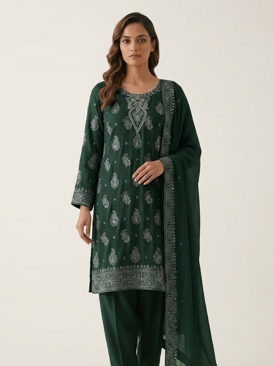 Soft Chiffon Heavy Thread Work Unstitched Embroidered Suit