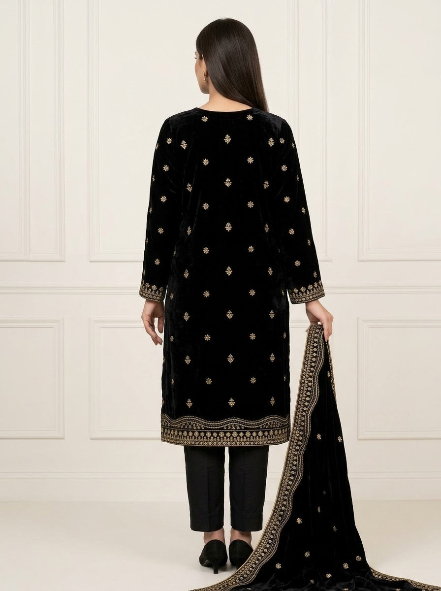 Velvet Sequins & Thread Work Unstitched Dress with Shawl Four-Side Border Ready Dupatta — 6 Colors