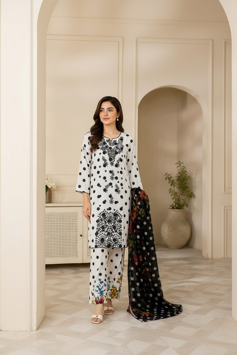 Black & White Polka Dot Lawn Unstitched Suit