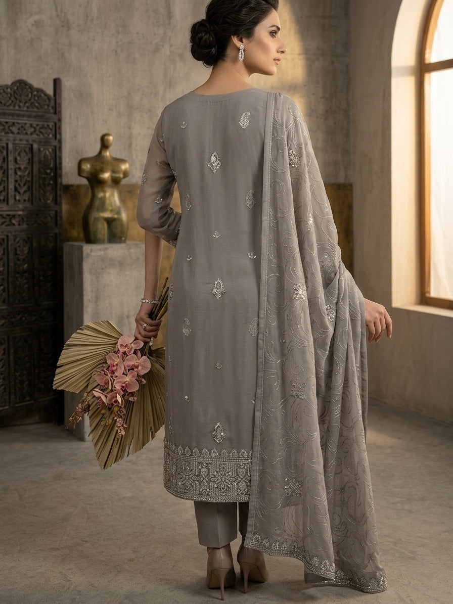 Soft Chiffon Thread Work Unstitched Suit with Heavy Dupatta | 8 Colors