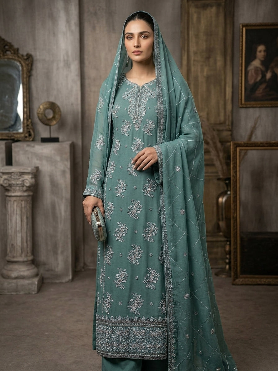 Haniya Soft Chiffon 4-Piece Embroidered Unstitched Suit | 8 Colors