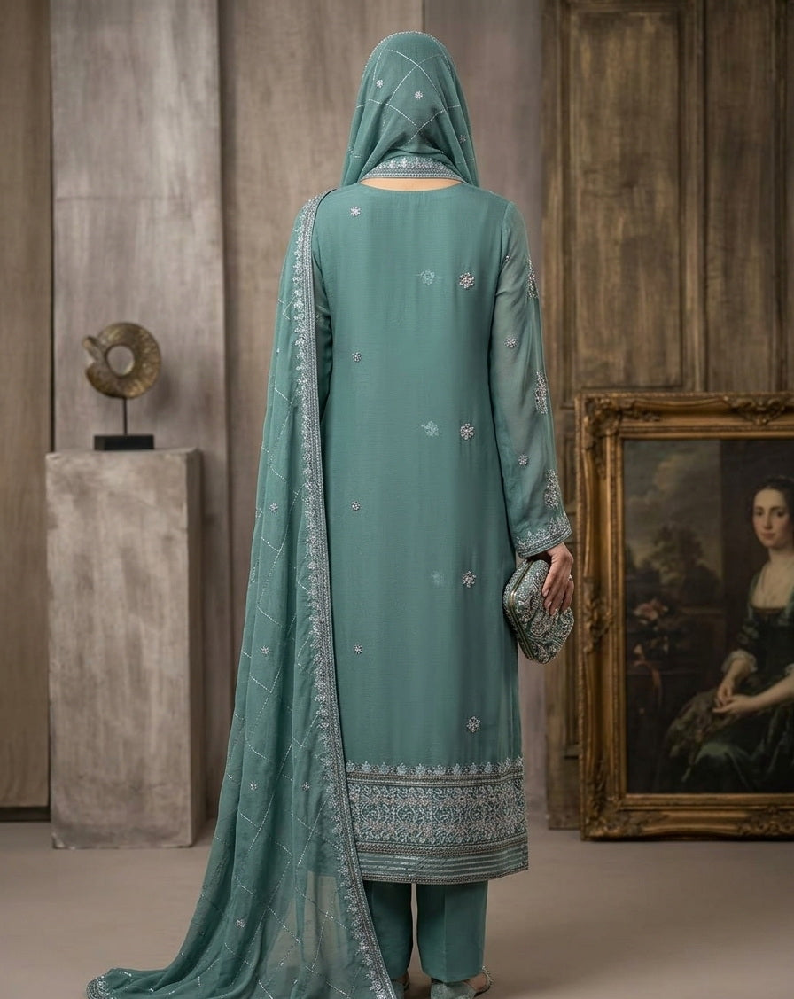 Haniya Soft Chiffon 4-Piece Embroidered Unstitched Suit | 8 Colors