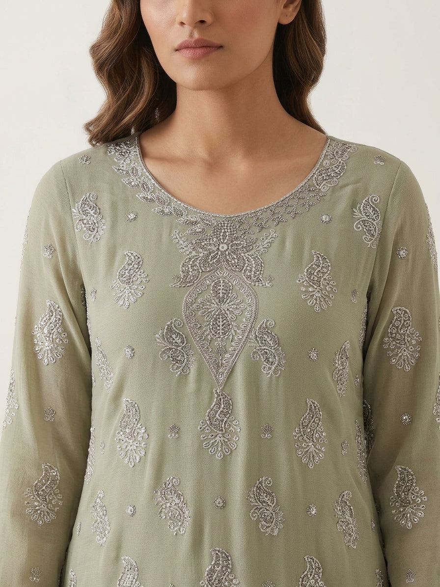 Soft Chiffon Heavy Thread Work Unstitched Embroidered Suit