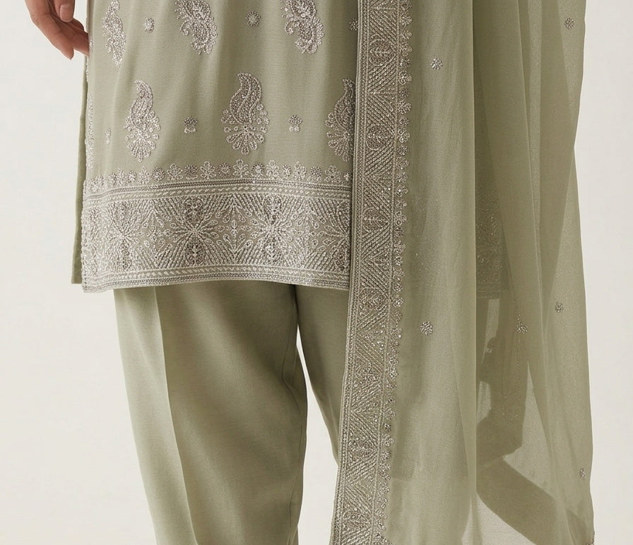 Soft Chiffon Heavy Thread Work Unstitched Embroidered Suit