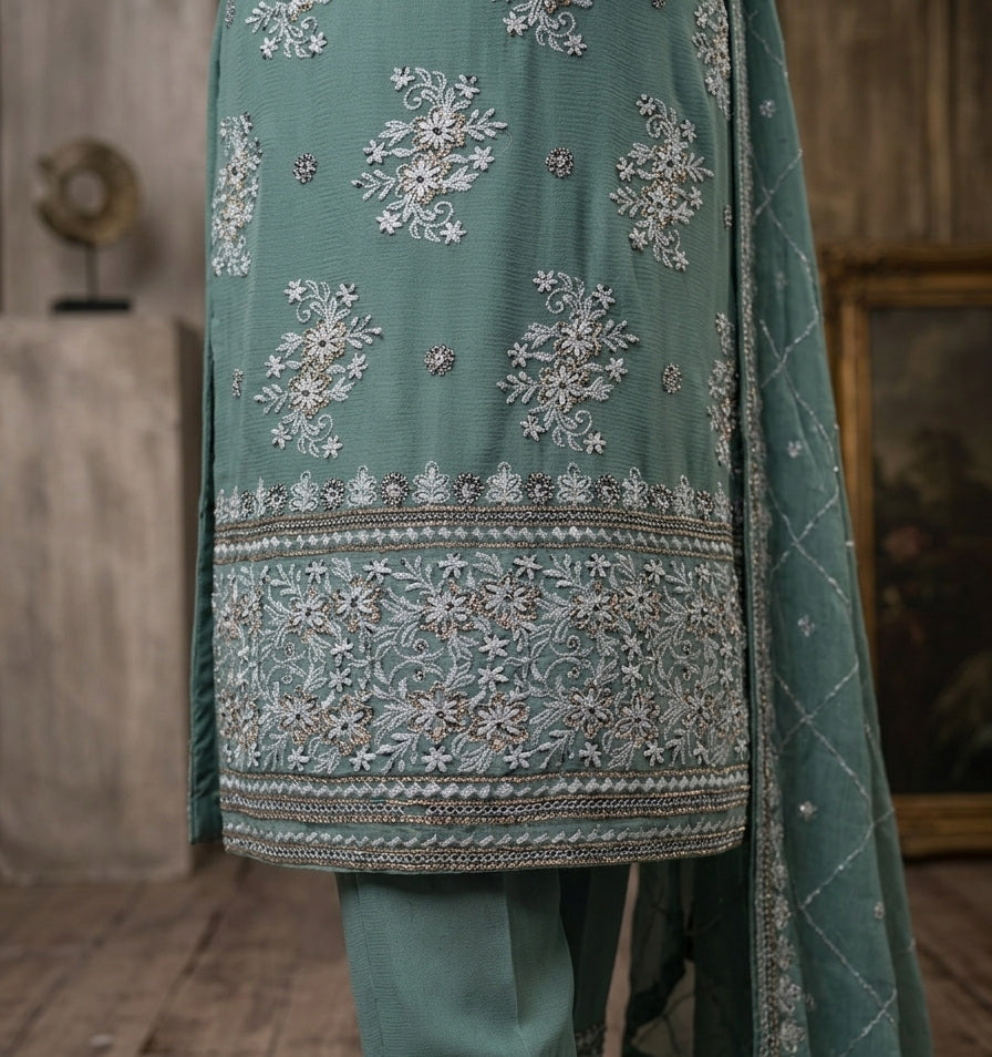 Haniya Soft Chiffon 4-Piece Embroidered Unstitched Suit | 8 Colors