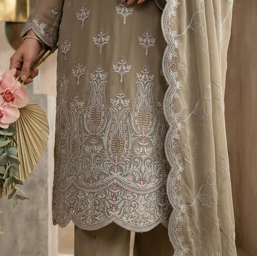 Embroidered Chiffon 4-Piece Unstitched Suit | Same Thread Work | 7 Colors