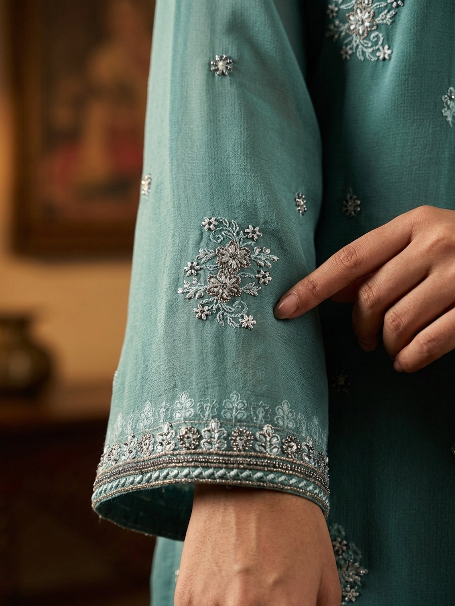 Haniya Soft Chiffon 4-Piece Embroidered Unstitched Suit | 8 Colors