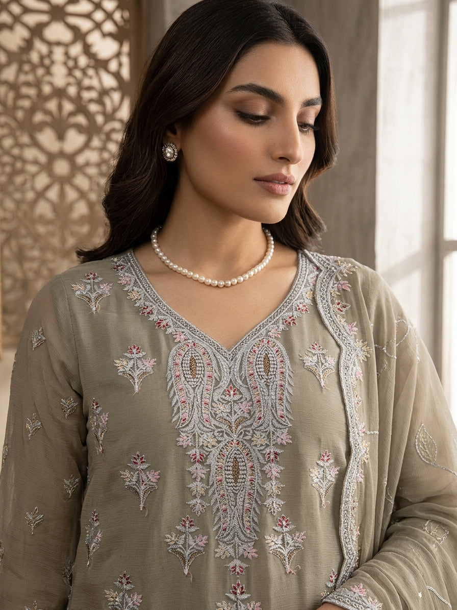 Embroidered Chiffon 4-Piece Unstitched Suit | Same Thread Work | 7 Colors