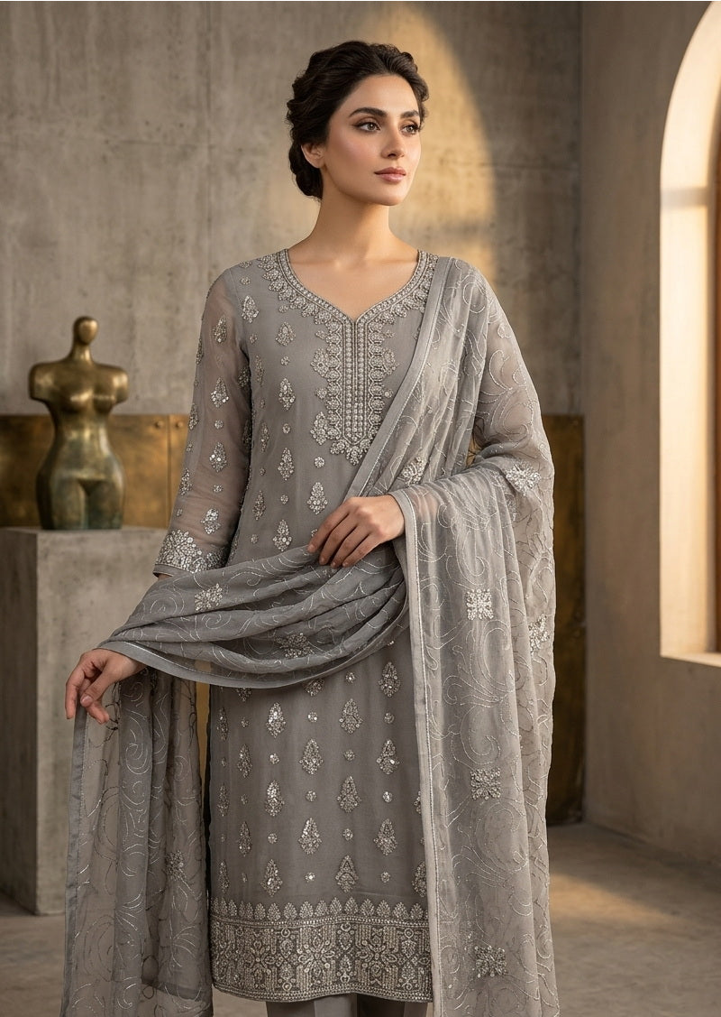 Soft Chiffon Thread Work Unstitched Suit with Heavy Dupatta | 8 Colors
