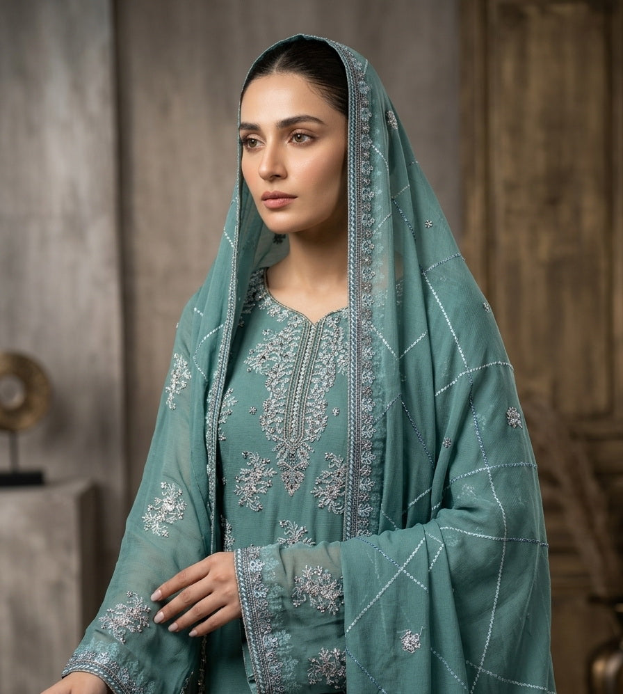 Haniya Soft Chiffon 4-Piece Embroidered Unstitched Suit | 8 Colors