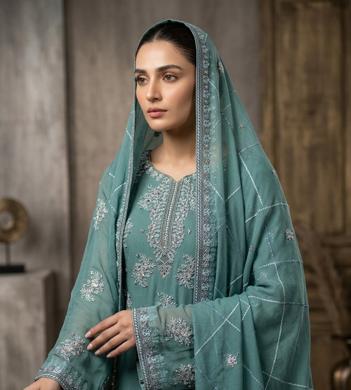 Haniya Soft Chiffon 4-Piece Embroidered Unstitched Suit | 8 Colors