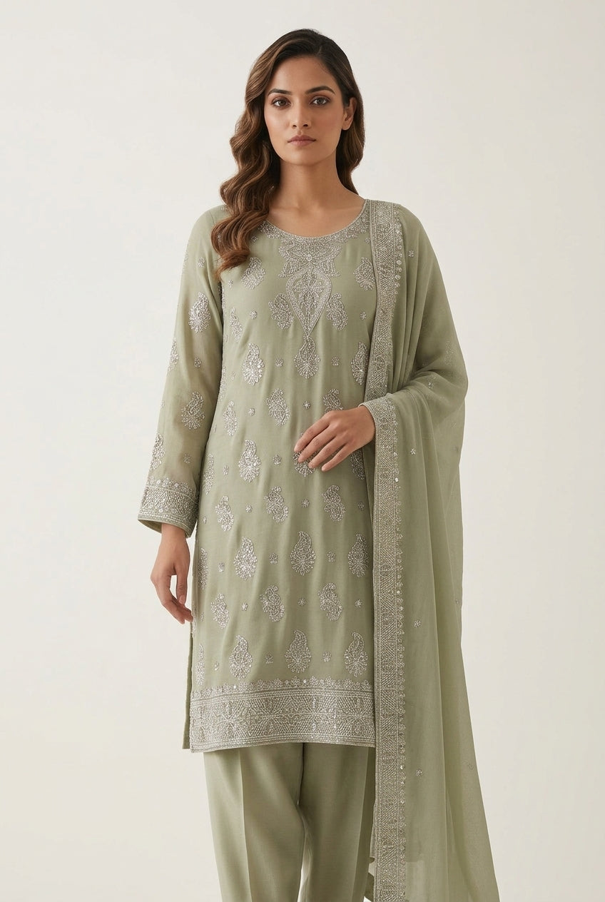 Soft Chiffon Heavy Thread Work Unstitched Embroidered Suit
