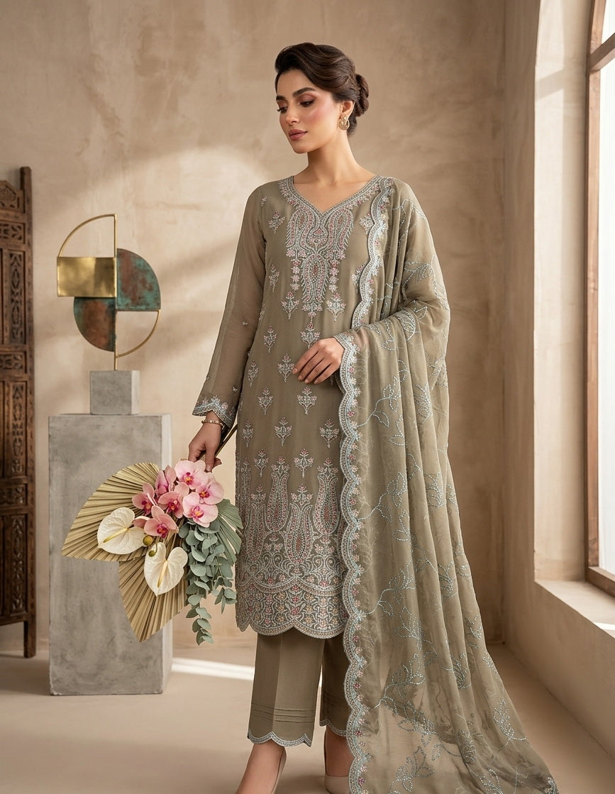 Embroidered Chiffon 4-Piece Unstitched Suit | Same Thread Work | 7 Colors